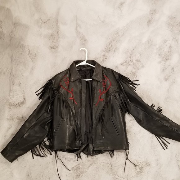 FMC Leather Jackets & Blazers - FMC Red Rose Leather Fringe Ladies Jacket
